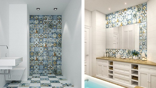Baño con azulejos patchwork